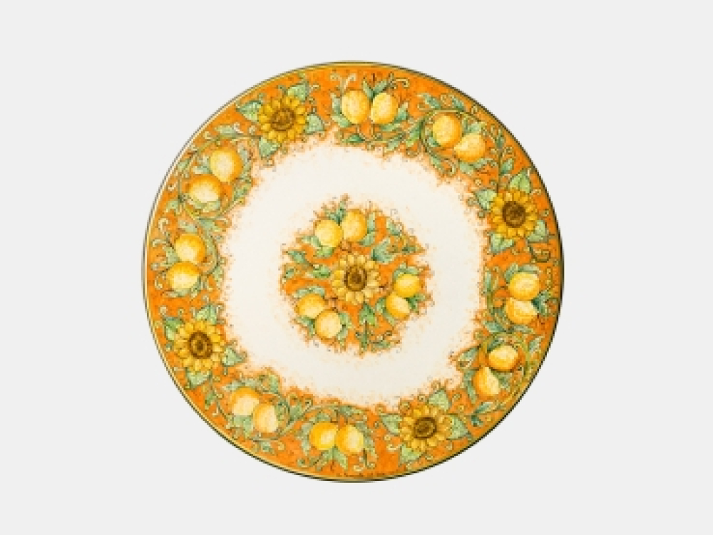 Preview: Grande table de jardin colorée en pierre de lave de Sicile avec citrons et tournesols